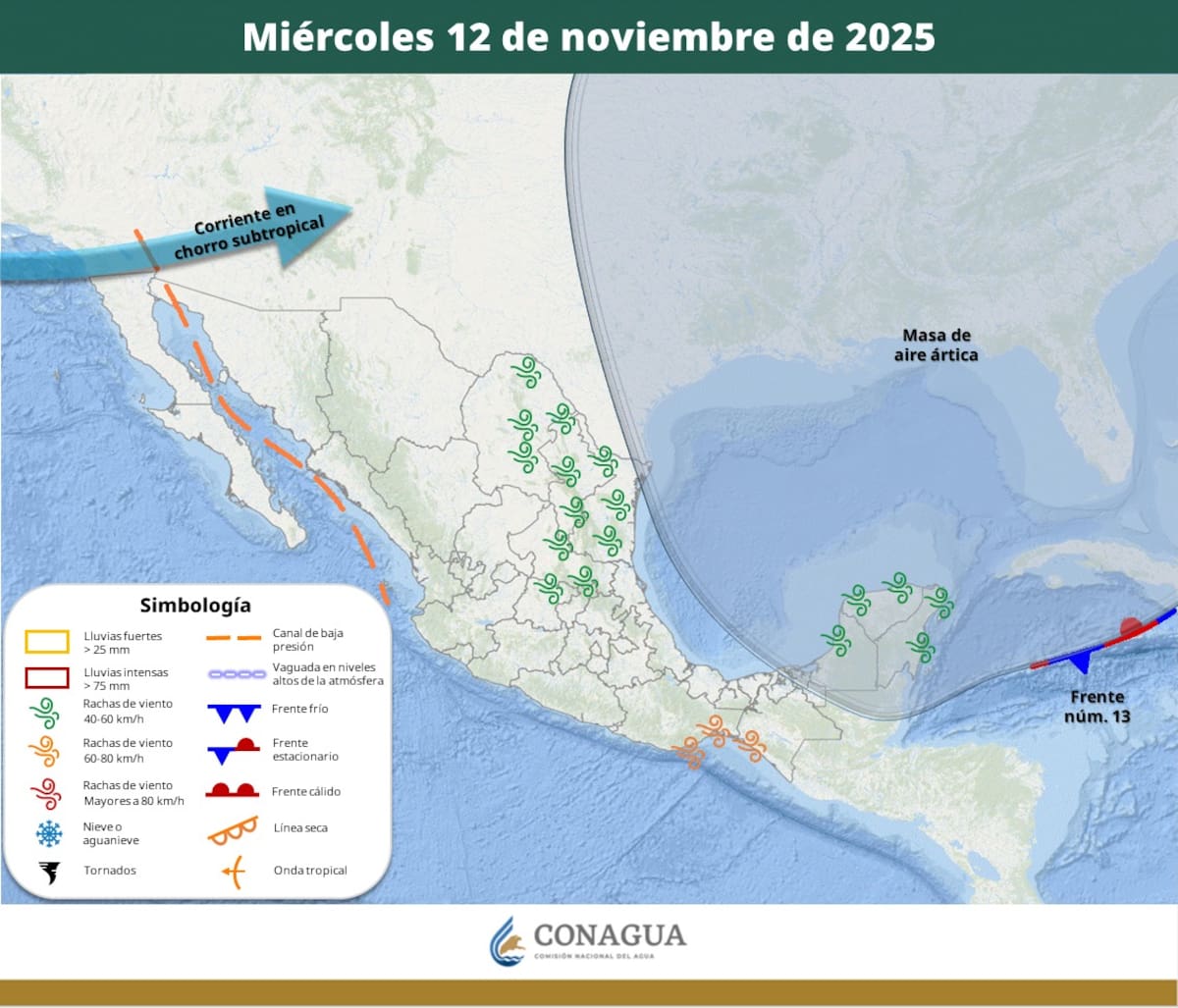 Pronóstico del clima para el miércoles 12 de noviembre del 2025. | Crédito: SMN