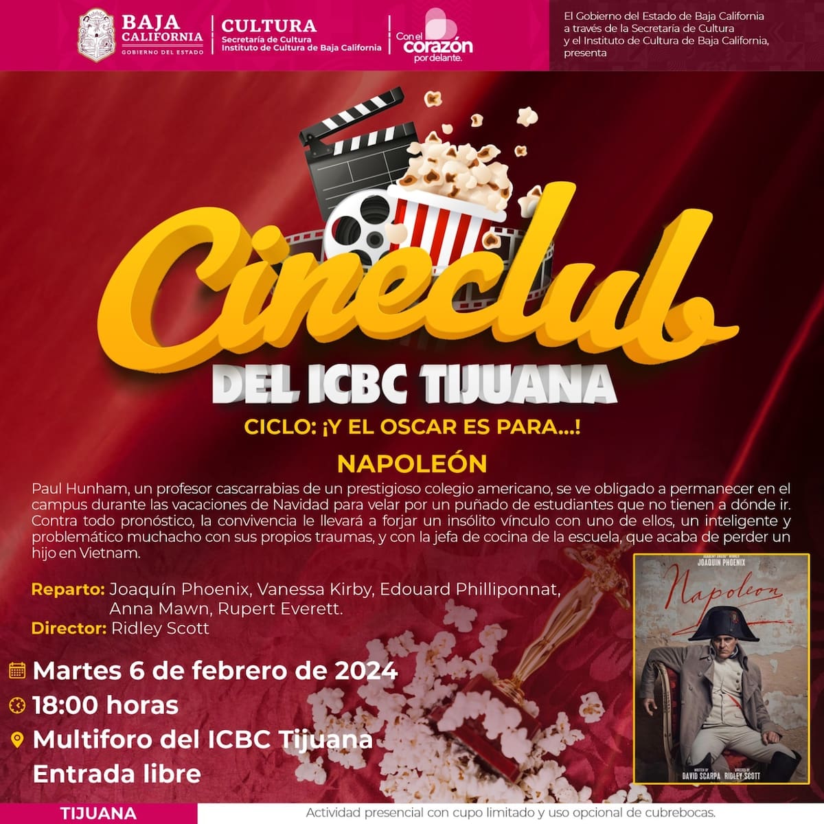 La cinta "Napoleón" se proyectará el 6 de febrero a las 18:00 horas.