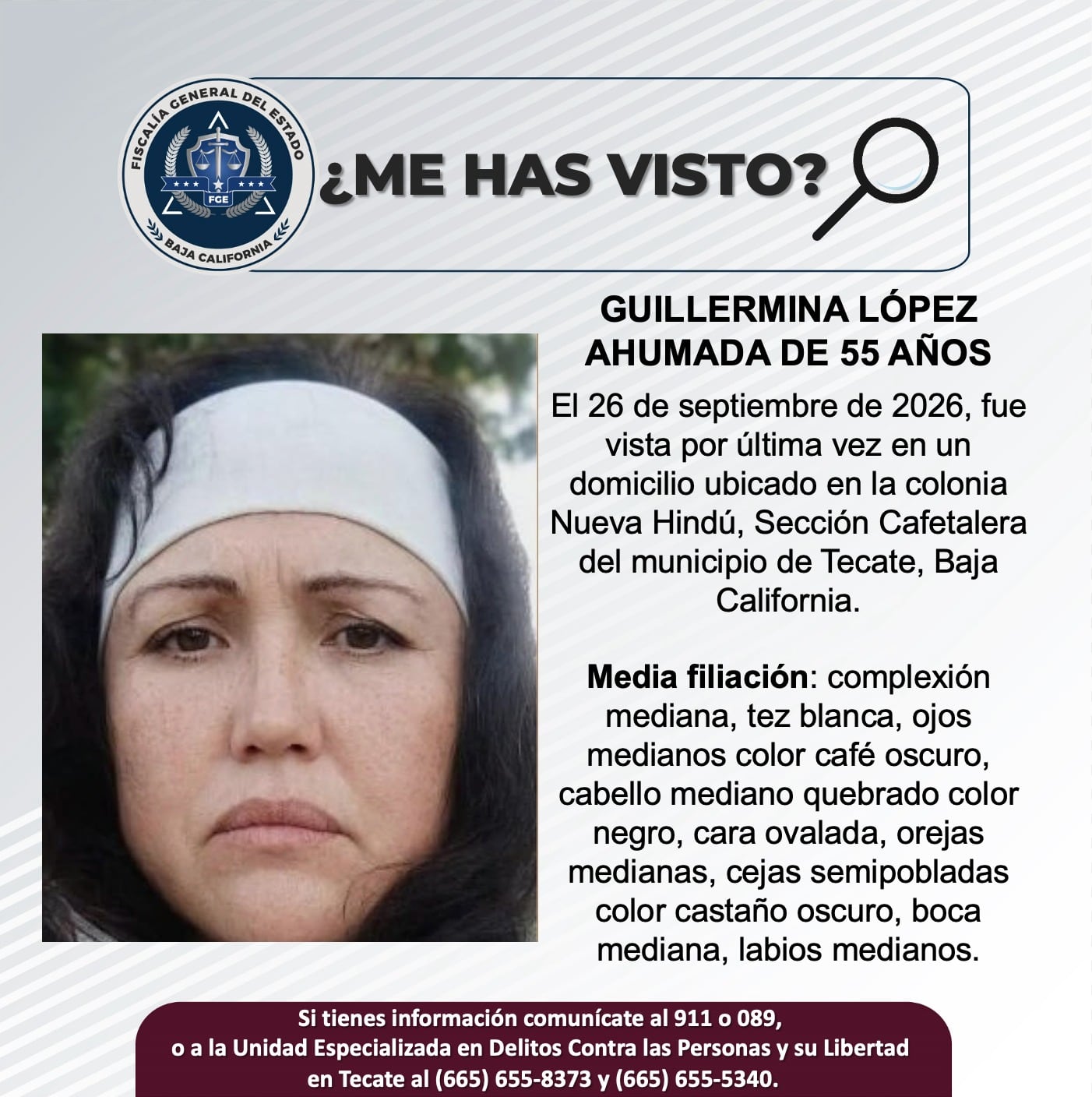 Guillermina López Ahumada fue vista por última vez el 26 de septiembre en la colonia Nueva Hindú, Sección Cafetalera, en Tecate. Foto: Cortesía