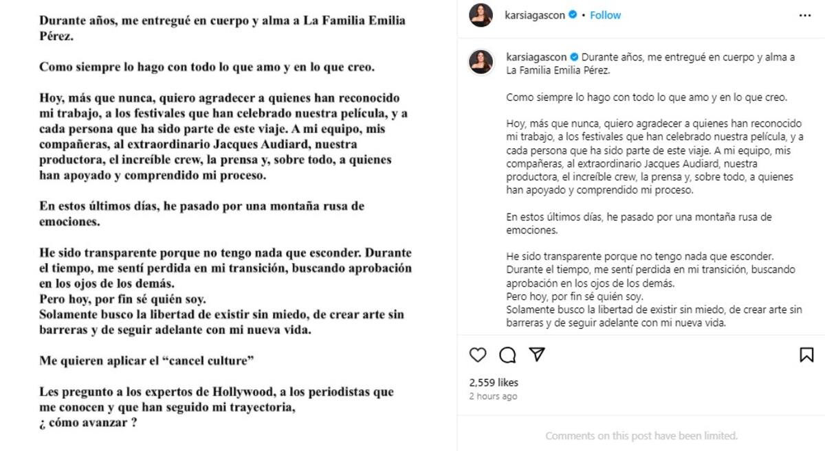 Karla Sofía Gascón se pronuncia tras perder el apoyo de Netflix / Instagram @karsiagascon