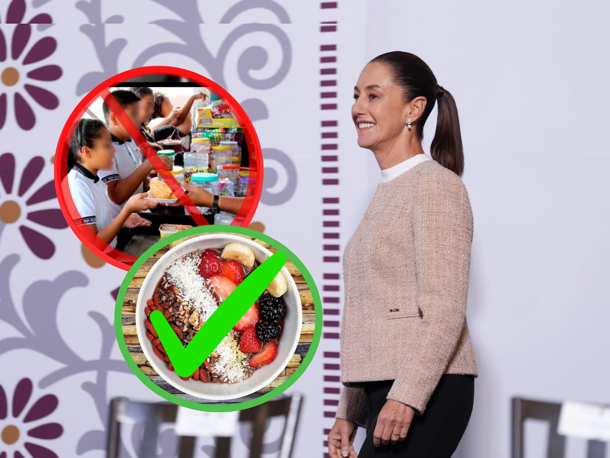 La presidenta Claudia Sheinbaum celebra ley contra comida chatarra en escuelas. | Crédito: Presidencia/Archivo digital GH/Canva