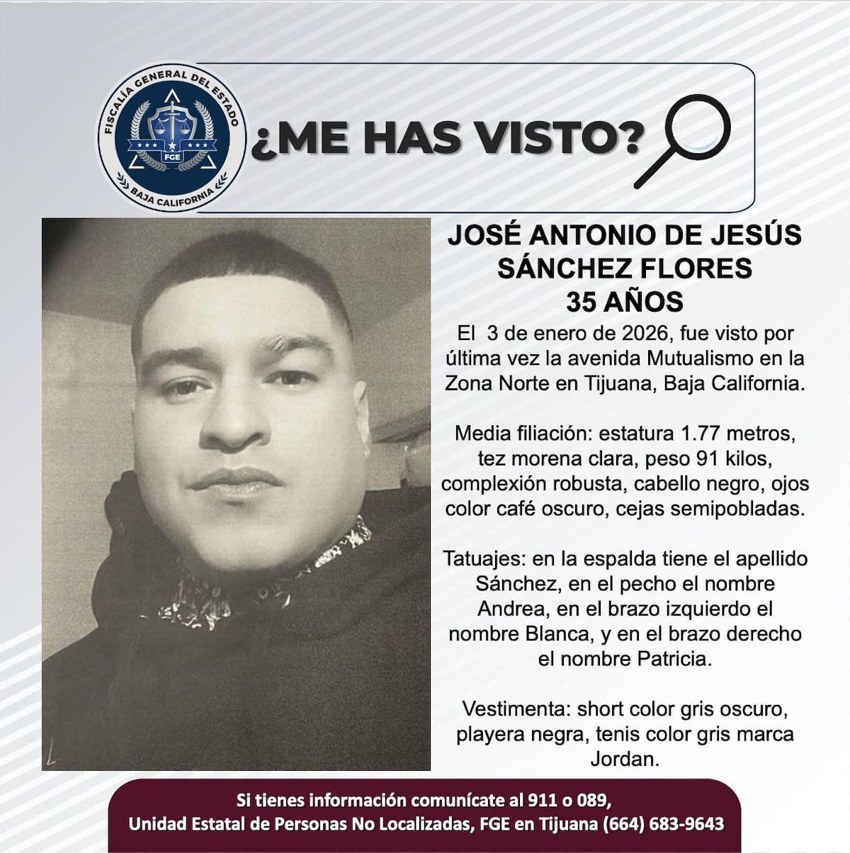 Fue visto por última vez el 3 de enero de 2026.