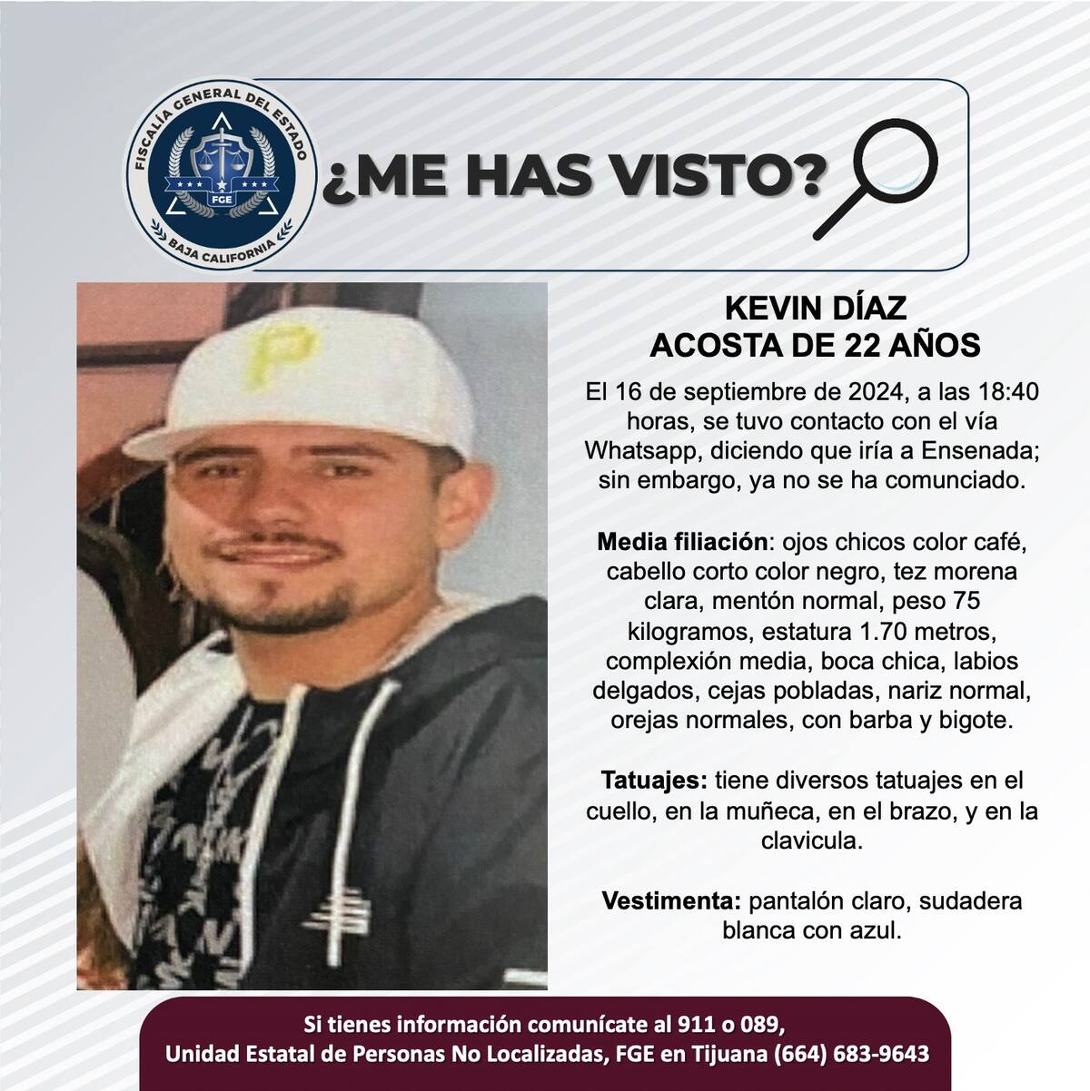 Kevin Díaz Acosta fue visto por última vez el 16 de septiembre de 2024.