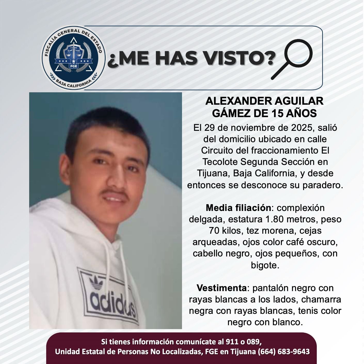 Fue visto por última vez el 29 de noviembre de 2025.