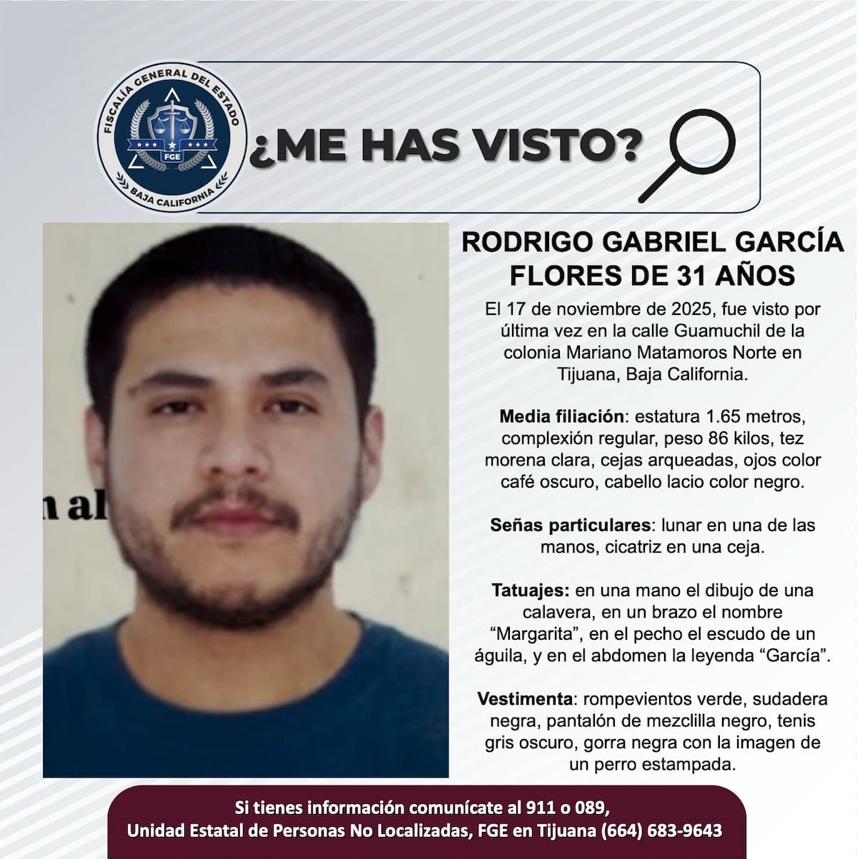 Fue visto por última vez el 17 de noviembre de 2025.