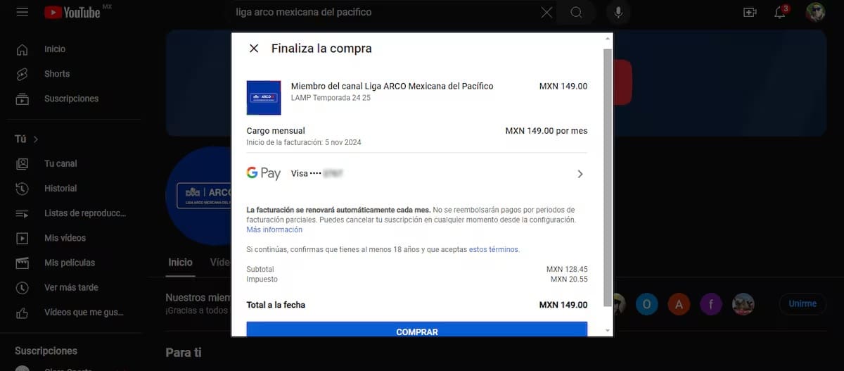Membresía de la Liga Mexicana del Pacífico en YouTube. (Foto: Captura de pantalla)
