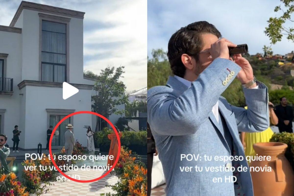 Hombre usa un binocular y tiembla por ver a su pareja en vestido de novia a la distancia