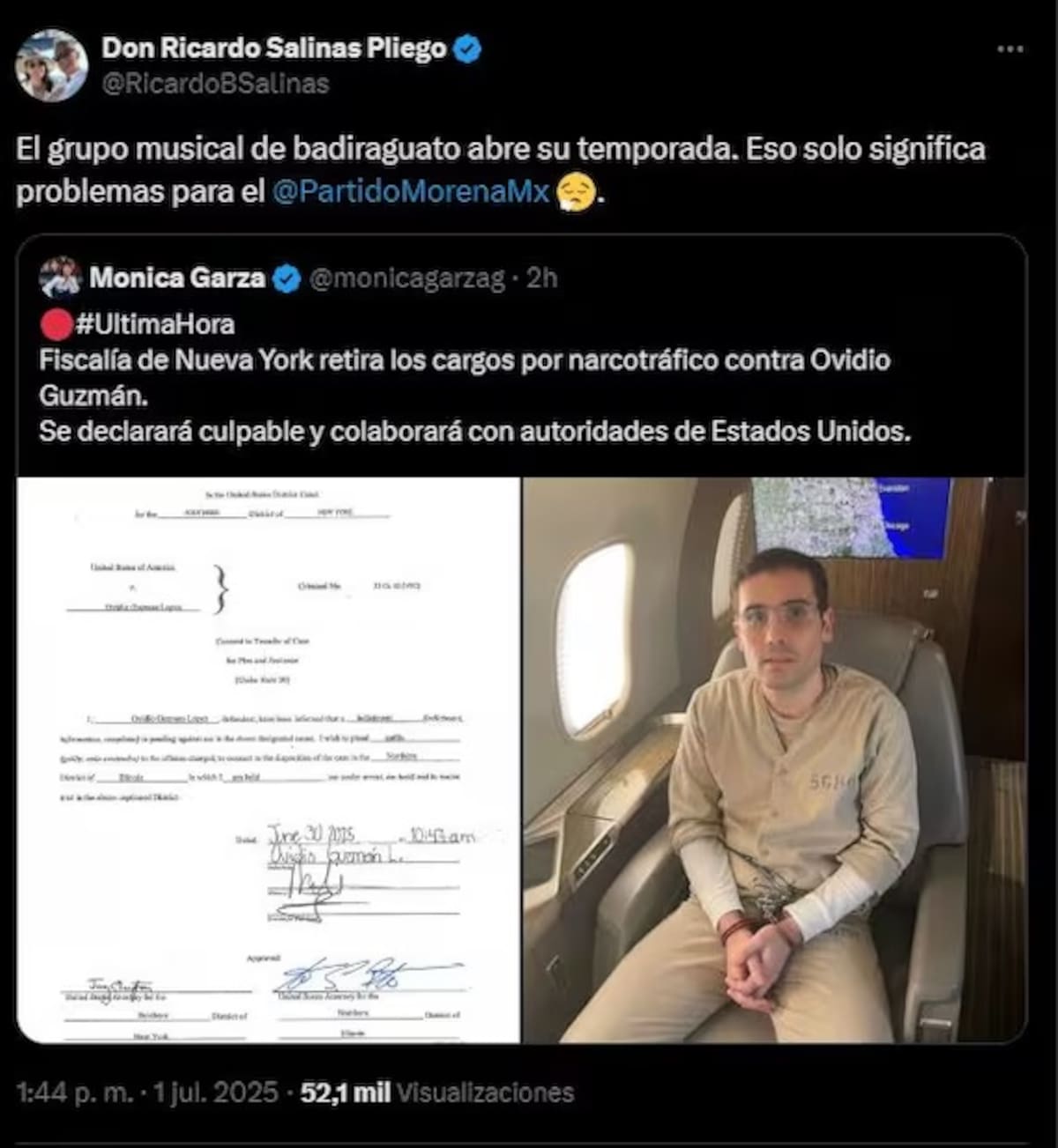 El empresario Ricardo Salinas Pliego opinó luego de que el hijo de 'El Chapo', Ovidio Guzmán, decidiera declararse culpable en los Estados Unidos. | X RicardoBSalinas