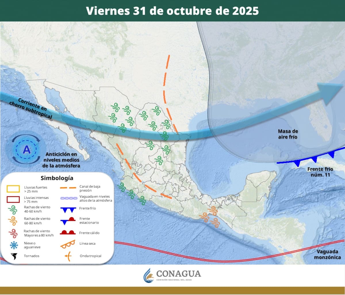 Pronóstico del clima para el viernes 31 de octubre del 2025. | Crédito: SMN