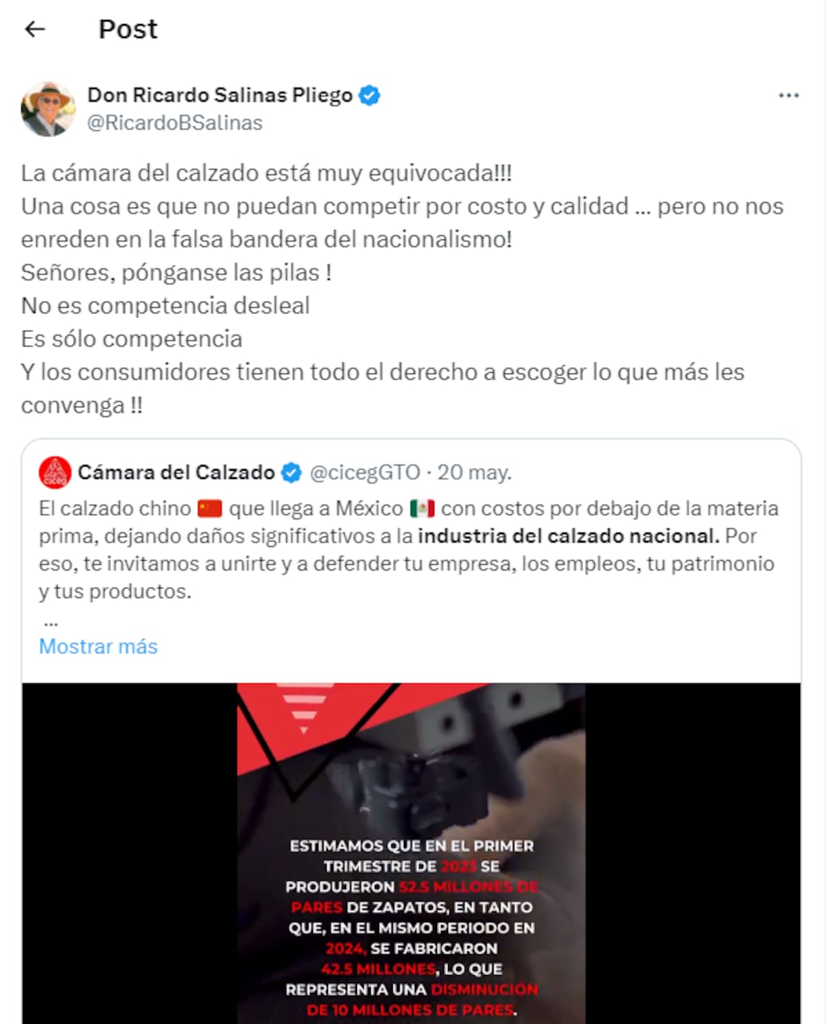 A través de una publicación en la red social X, Ricardo Salinas Pliego criticó a la Cámara del Calzado