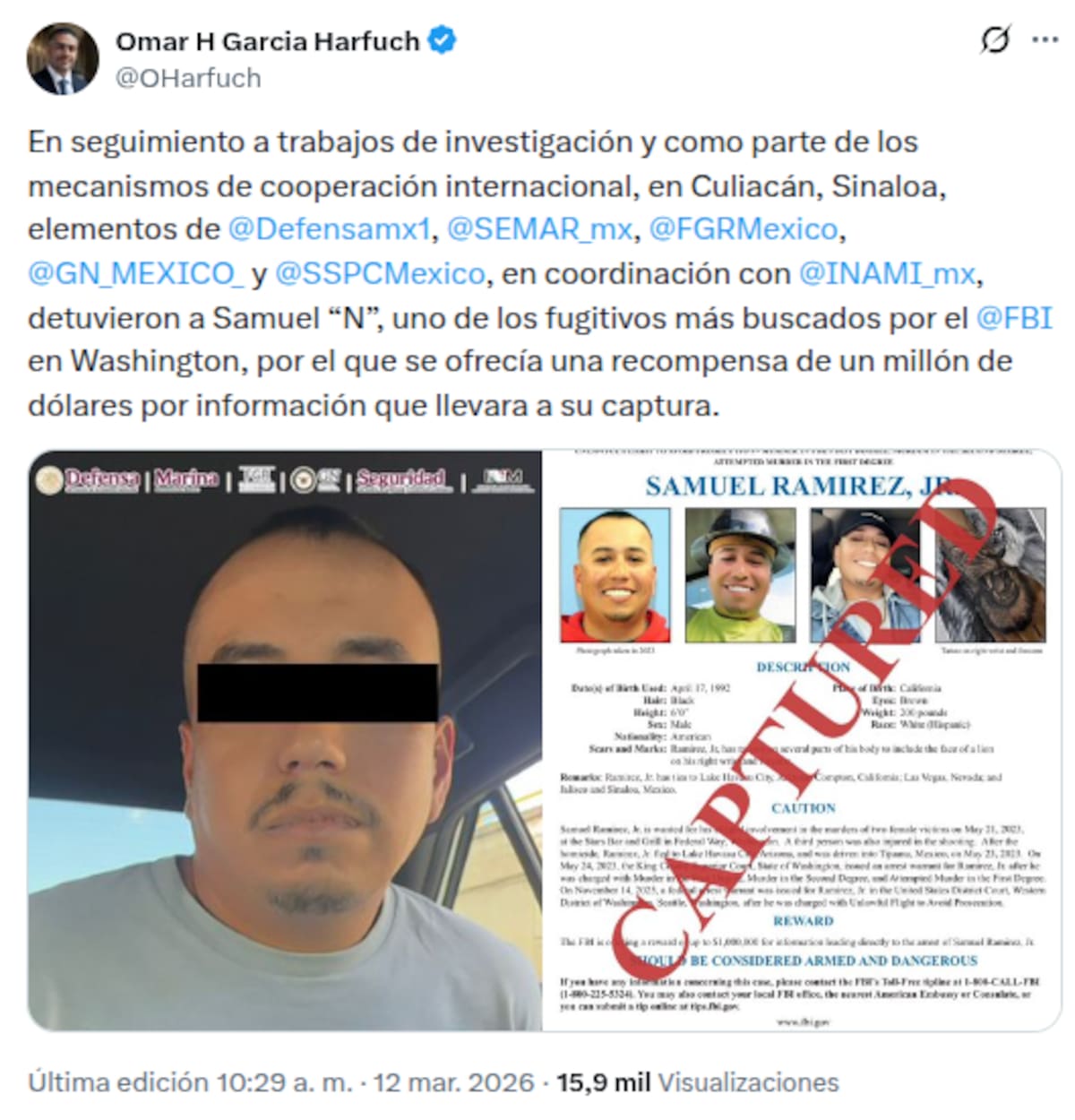 El secretario de Seguridad, Omar García Harfuch, confirmó la detención en Culiacán como parte de la cooperación México–EEUU.
