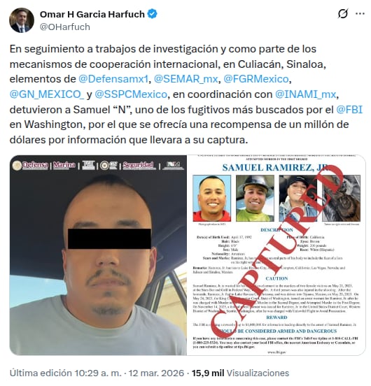 El secretario de Seguridad, Omar García Harfuch, confirmó la detención en Culiacán como parte de la cooperación México–EEUU.