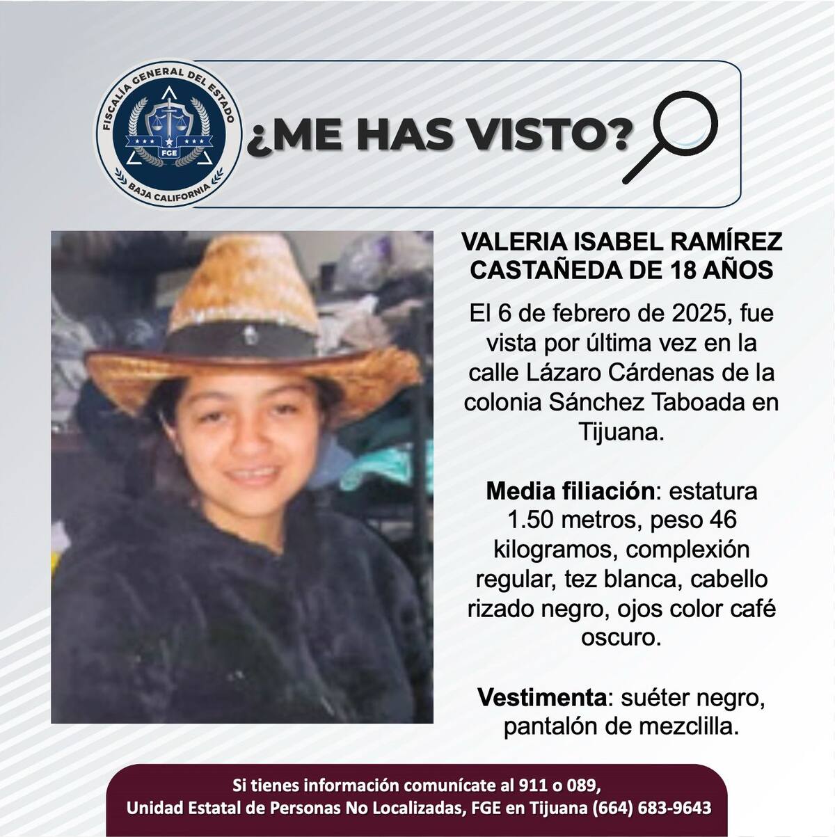 Valeria Isabel Ramírez Castañeda fue vista por última vez el 6 de febrero de 2025.