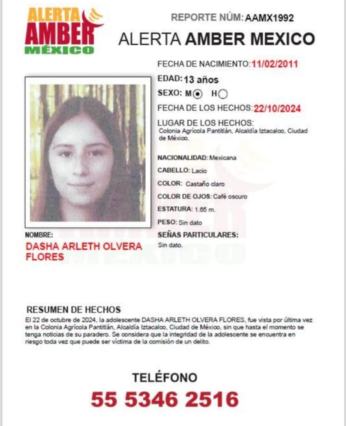 Dasha Arleth Olvera Flores fue vista por última vez el 22 de octubre del 2024.