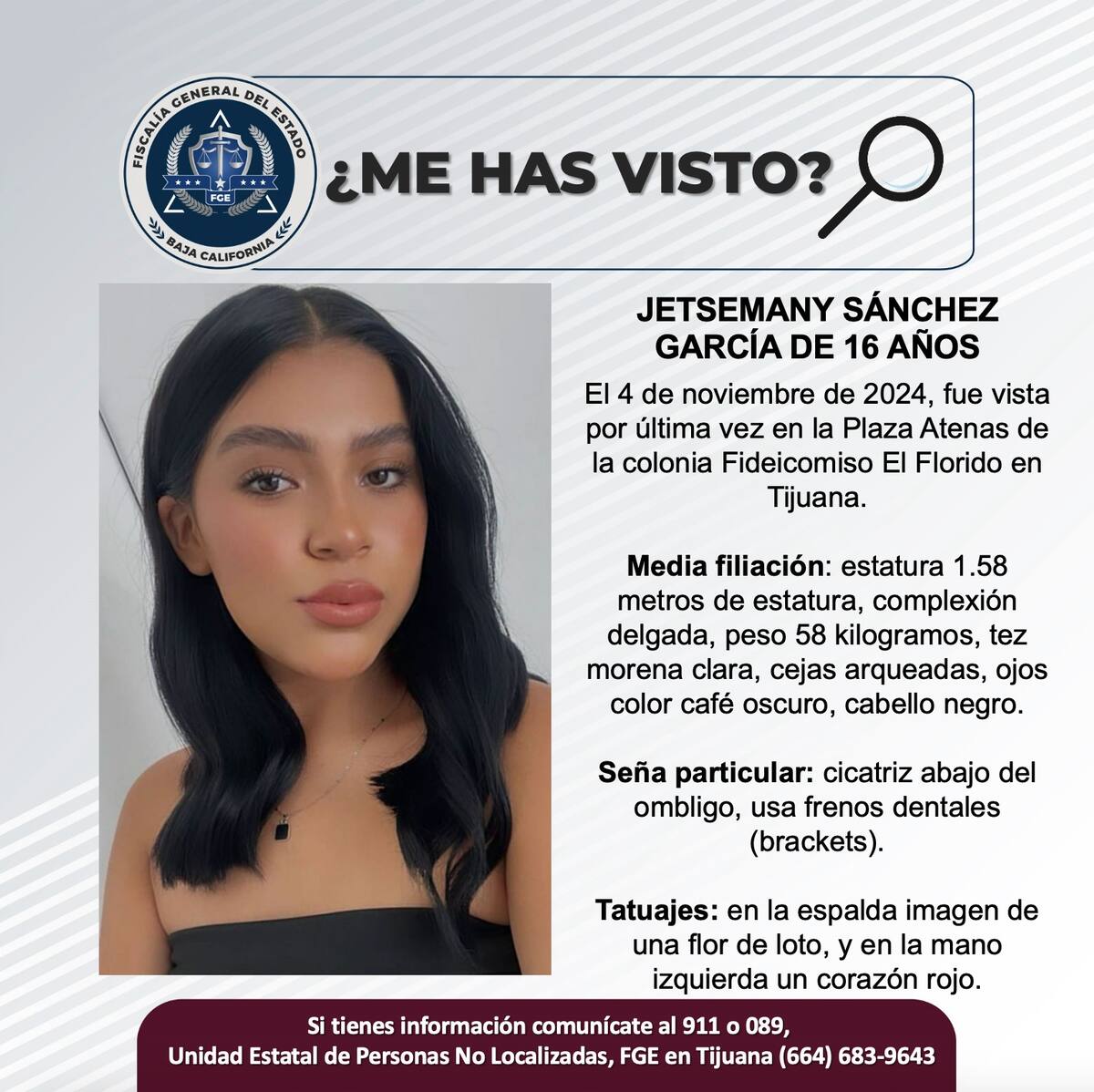 Jetsemany Sánchez García fue vista por última vez el 4 de noviembre de 2024.