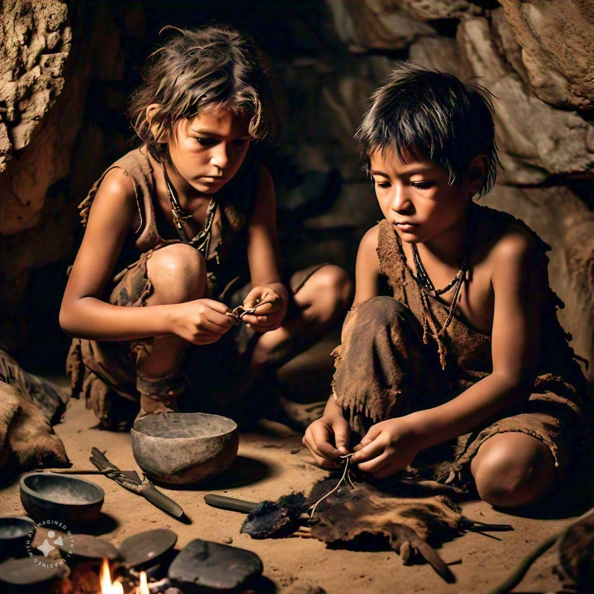 Niños en la prehistoria. Imagen ilustrativa generada con IA.