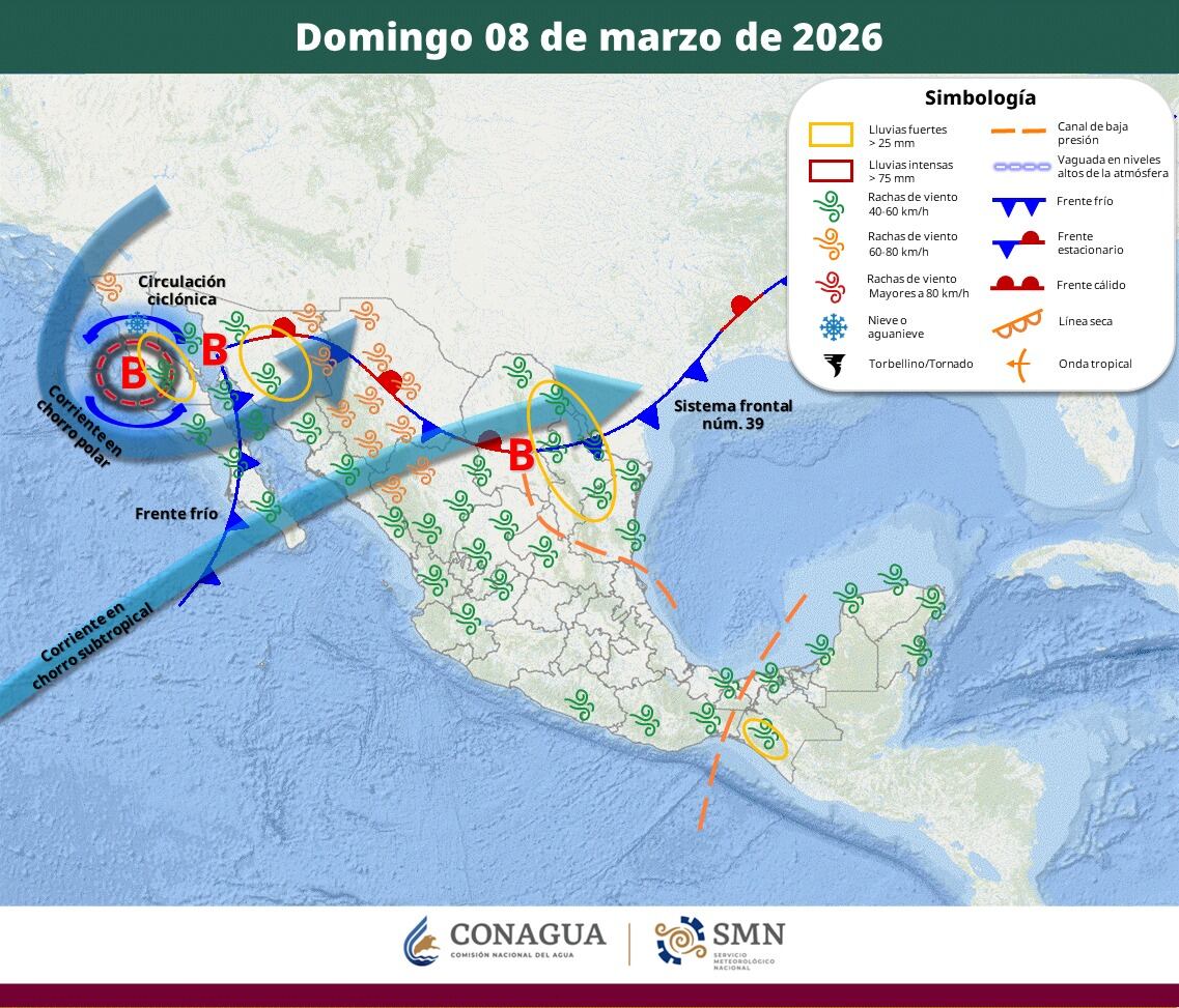Pronóstico del clima para el domingo 8 de marzo del 2026. | Crédito: SMN