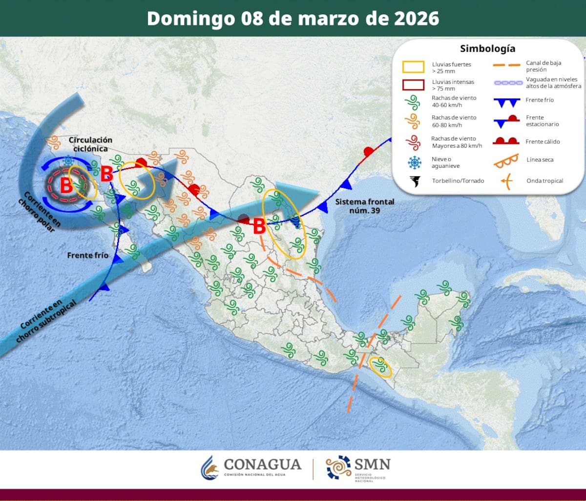 Pronóstico del clima para el domingo 8 de marzo del 2026. | Crédito: SMN
