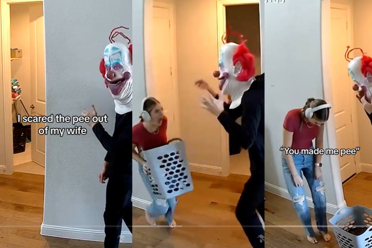 Hombre usa máscara de payaso para asustar a su esposa: ¡ella hasta se hace pipí del miedo! | VIRAL