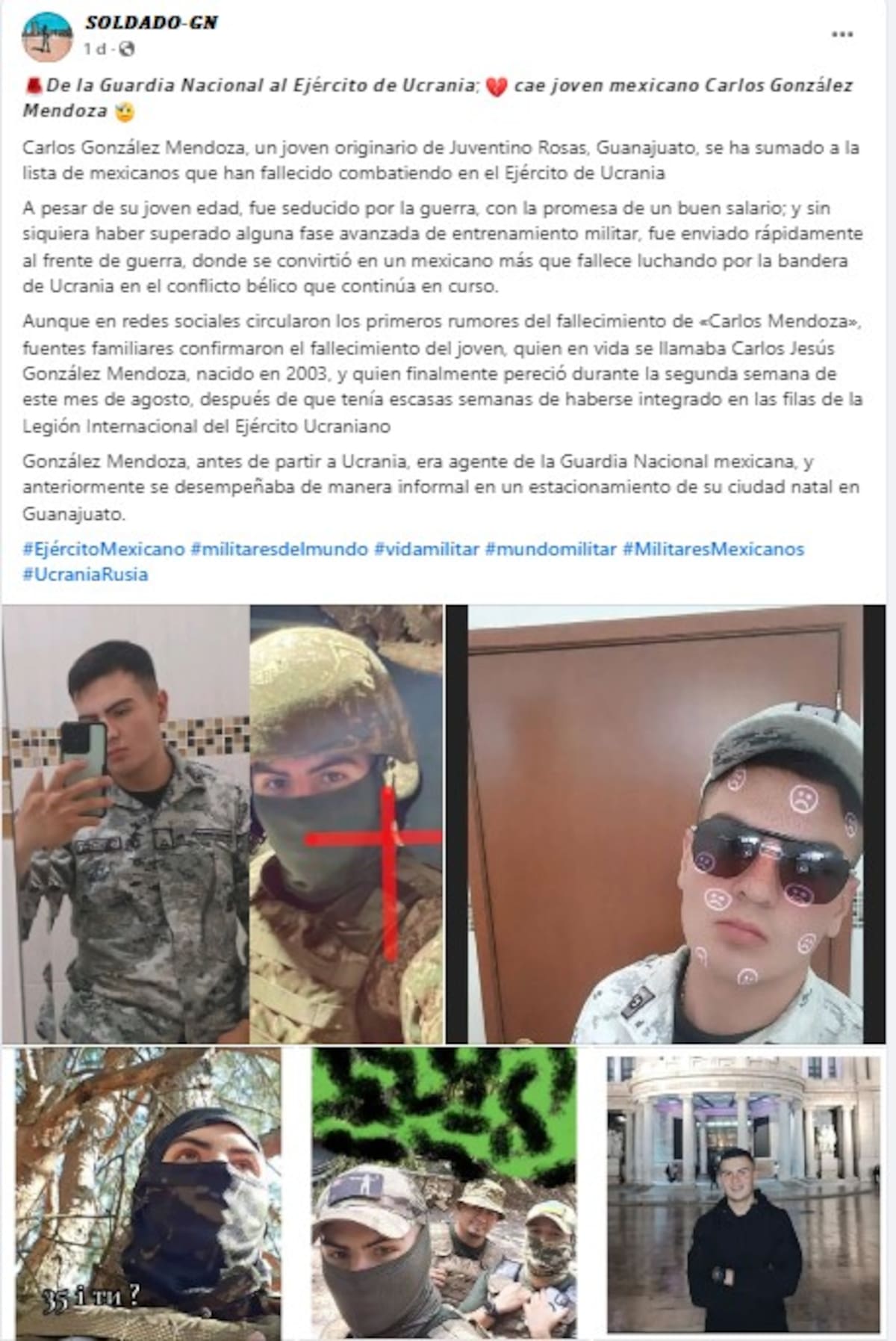 Carlos Mendoza compartía constantemente fotos como soldado, desde que era elemento de la Guardia Nacional hasta defender a Ucrania.