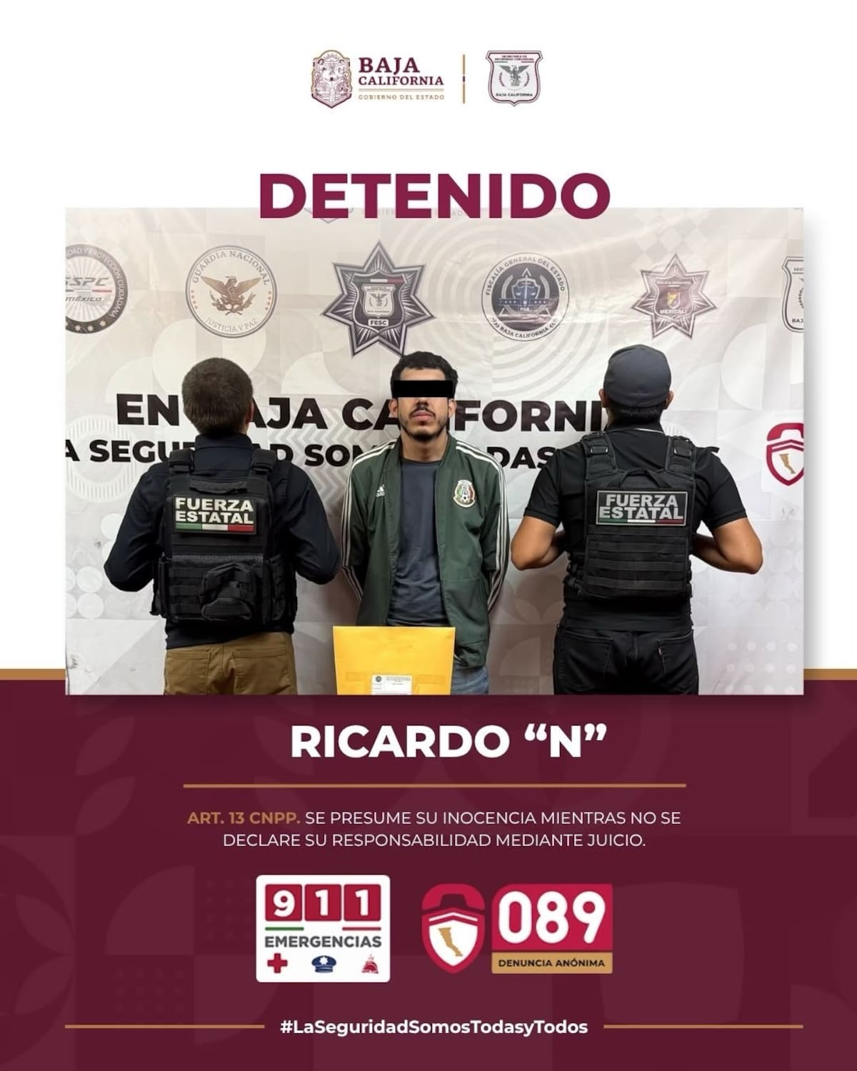 El detenido fue identificado como Ricardo “N”, de 26 años, originario de Mexicali, el cual llevaba consigo envoltorios que contenían mariguana, y otra con metanfetamina. Foto: Cortesía