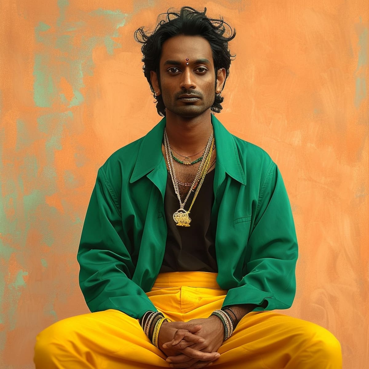 Indumentaria Fiel: La inteligencia artificial recrea fielmente la vestimenta de Apu, incluyendo su chamarra verde, camisa negra y pantalón amarillo, manteniendo la coherencia con la imagen original del personaje.