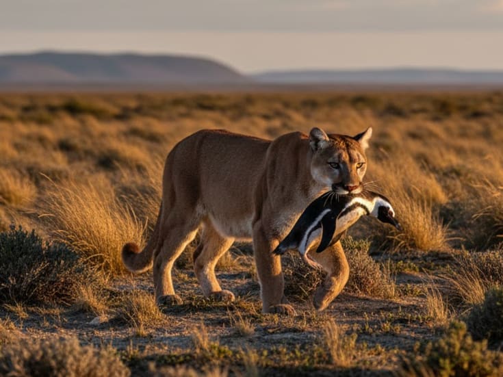 Lo que nadie imaginó tras la restauración ambiental en la Patagonia: pumas vuelven a la región pero comienzan a cazar pingüinos, una interacción inédita que obliga a científicos a replantear el equilibrio entre depredadores y presas