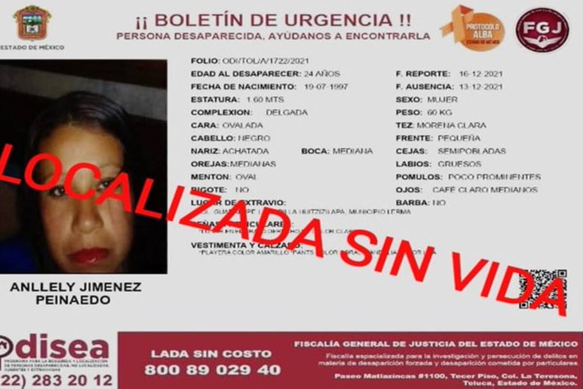 Es encontrada sin vida una joven desaparecida en el municipio de Lerma