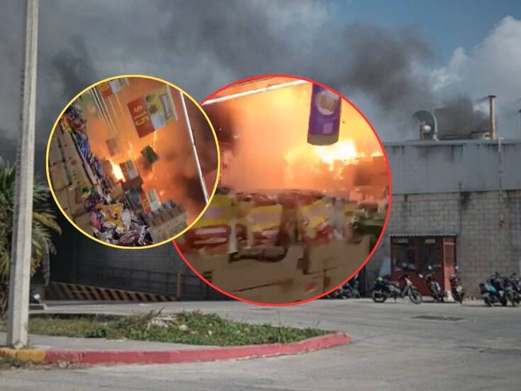 Difunden videos del incendio de un Bodega Aurrerá en Cozumel con personas dentro del local