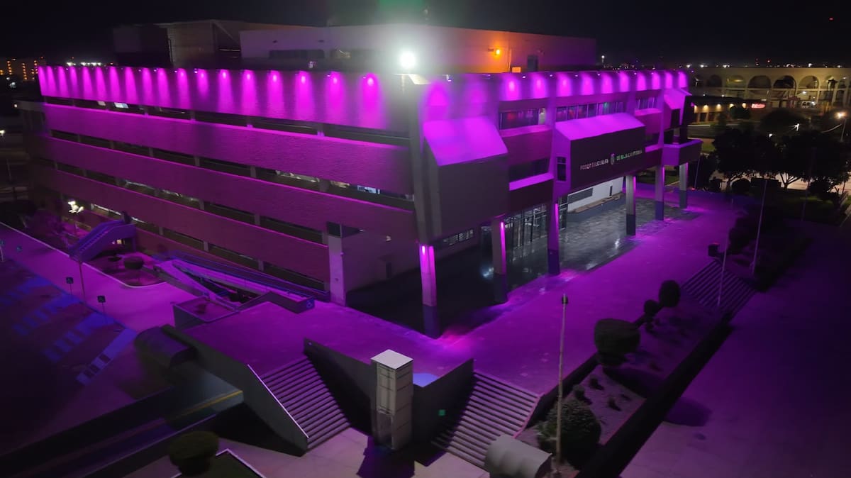 El edificio del Gobierno de Baja California en Mexicali permanecerá iluminado de rosa durante octubre. Foto: Cortesía