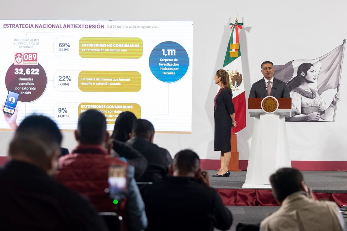 Más de 200 personas detenidas por extorsión en 15 estados del País y un aumento del 69% en denuncias son algunos de los logros destacados por García Harfuch. | Crédito: Presidencia