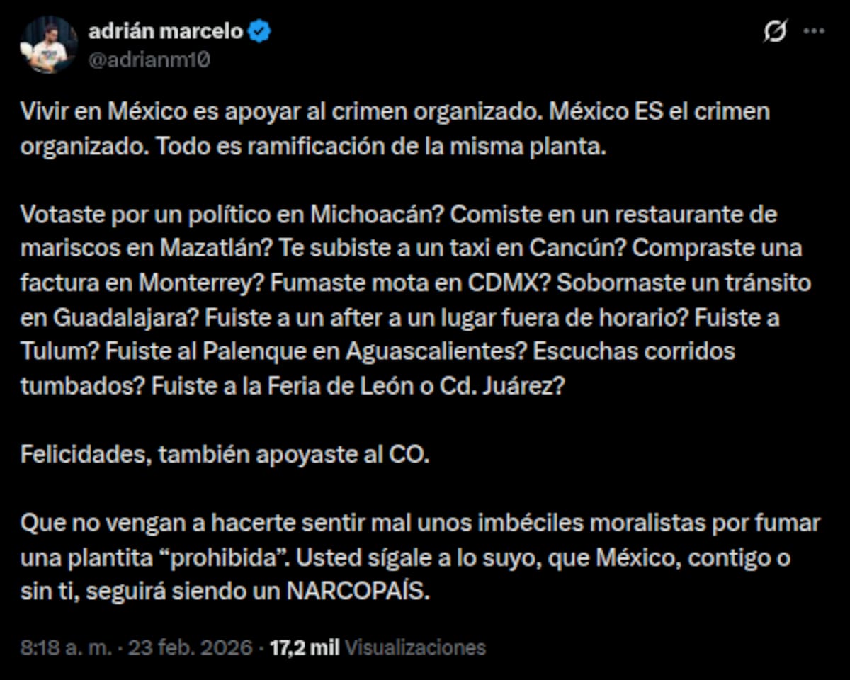 Adrián Marcelo enciende debate tras muerte del Mencho | Captura de pantalla