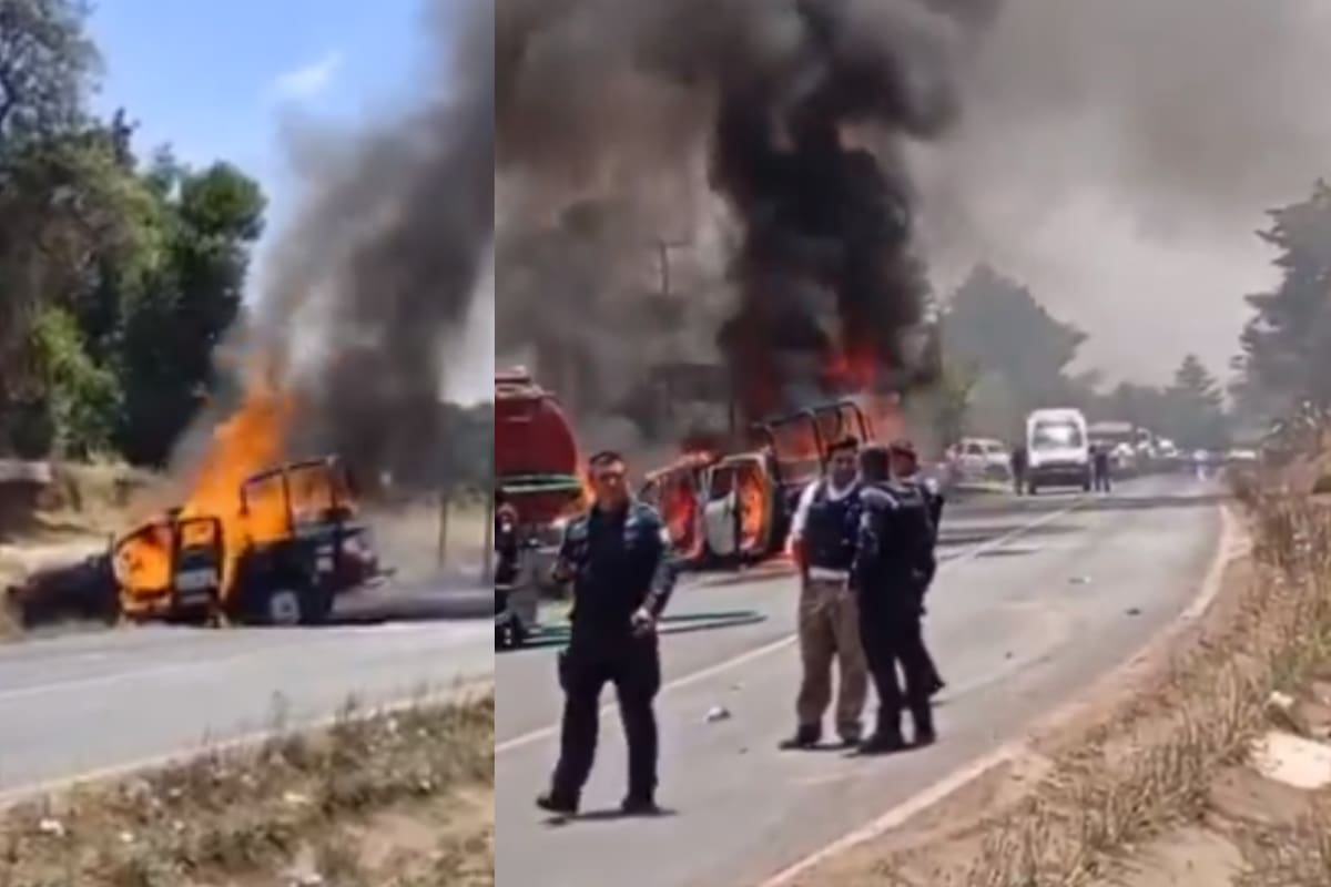 Huachicoleros se enfrentan con policías en carretera México–Tuxpan e incendian patrulla