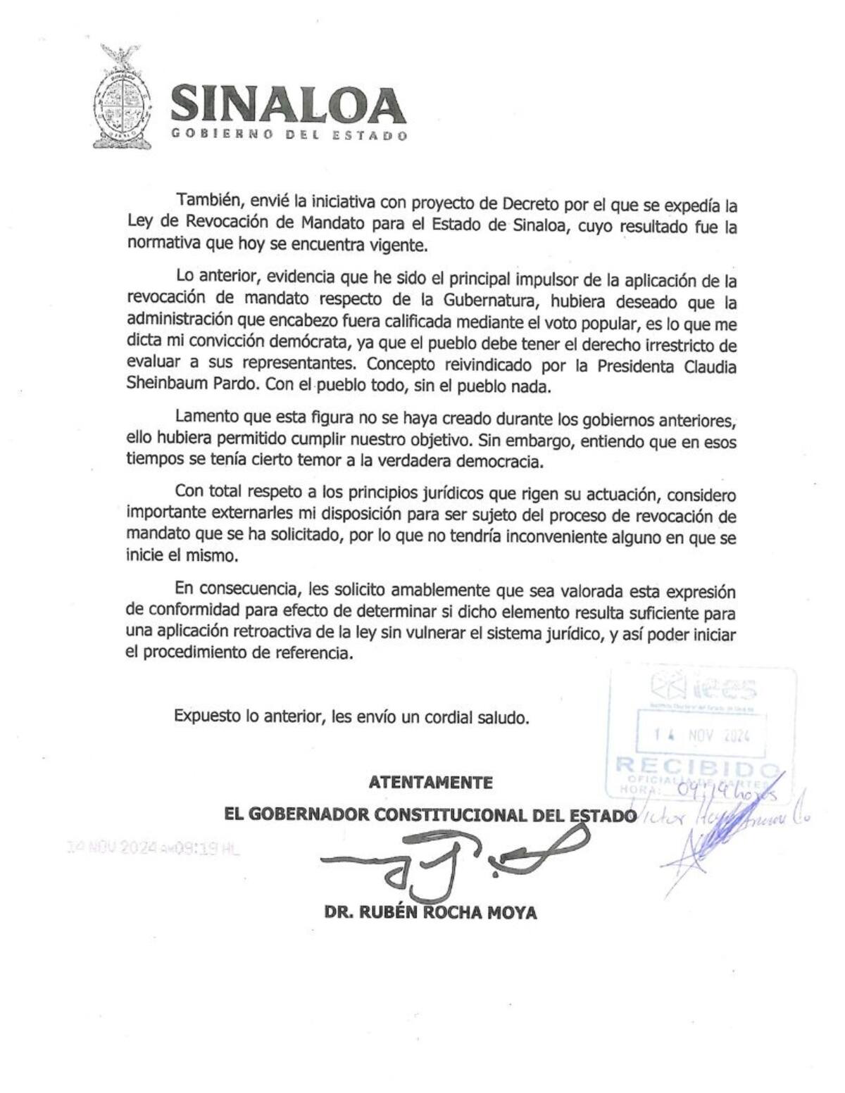 El gobernador de Sinaloa compartió su solicitud al IEES en su cuenta de X.