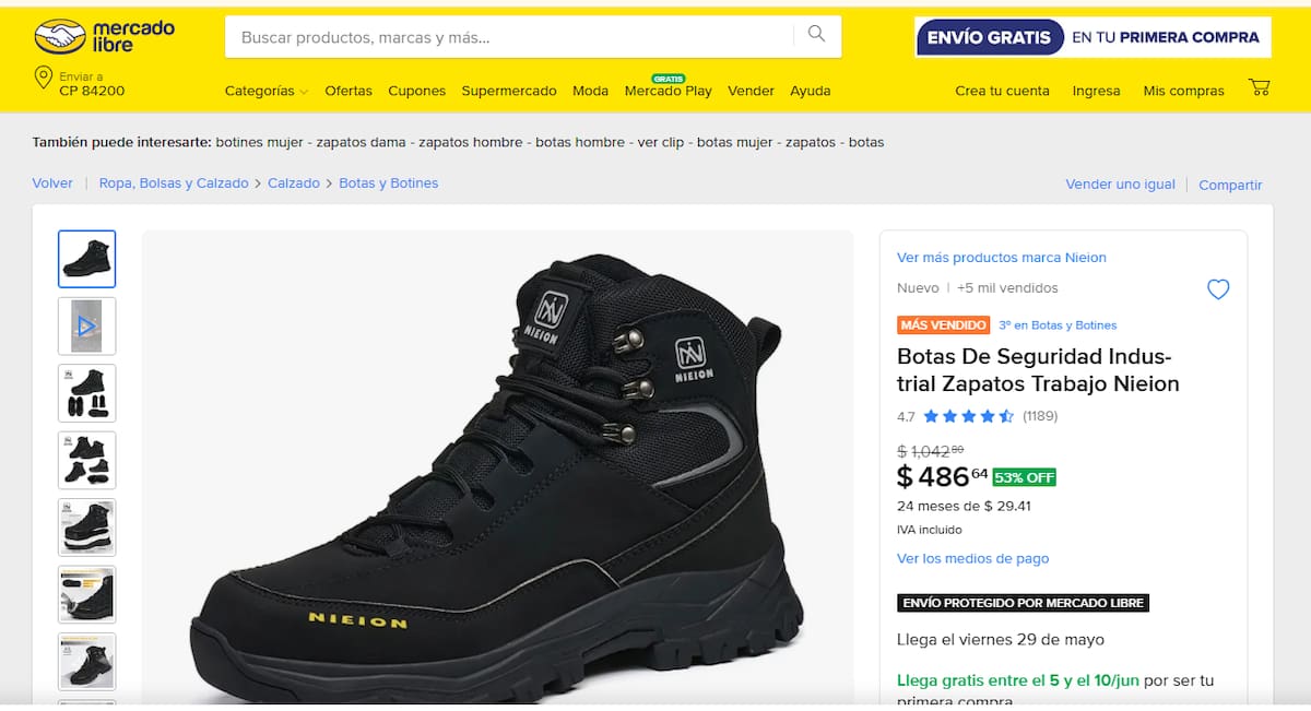 Según la descripción en la plataforma de comercio electrónico, las botas impiden perforaciones y cuentan con un casquillo de acero con resistencia a impactos y presión. | Foto: Captura de pantalla