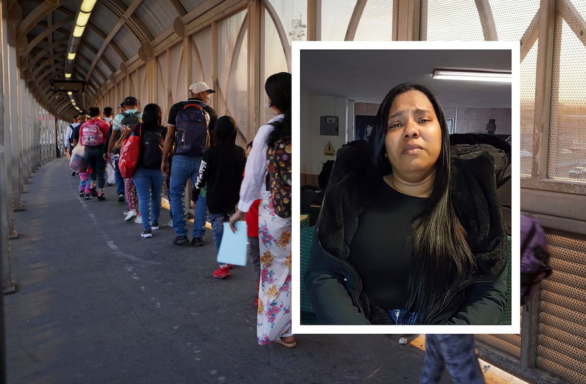 La venezolana, quien se identificó como Gabriela, llora tras la cancelación de su cita CBP One, en la garita Dennis DeConcini, en Nogales, Sonora. FOTO: ESPECIAL