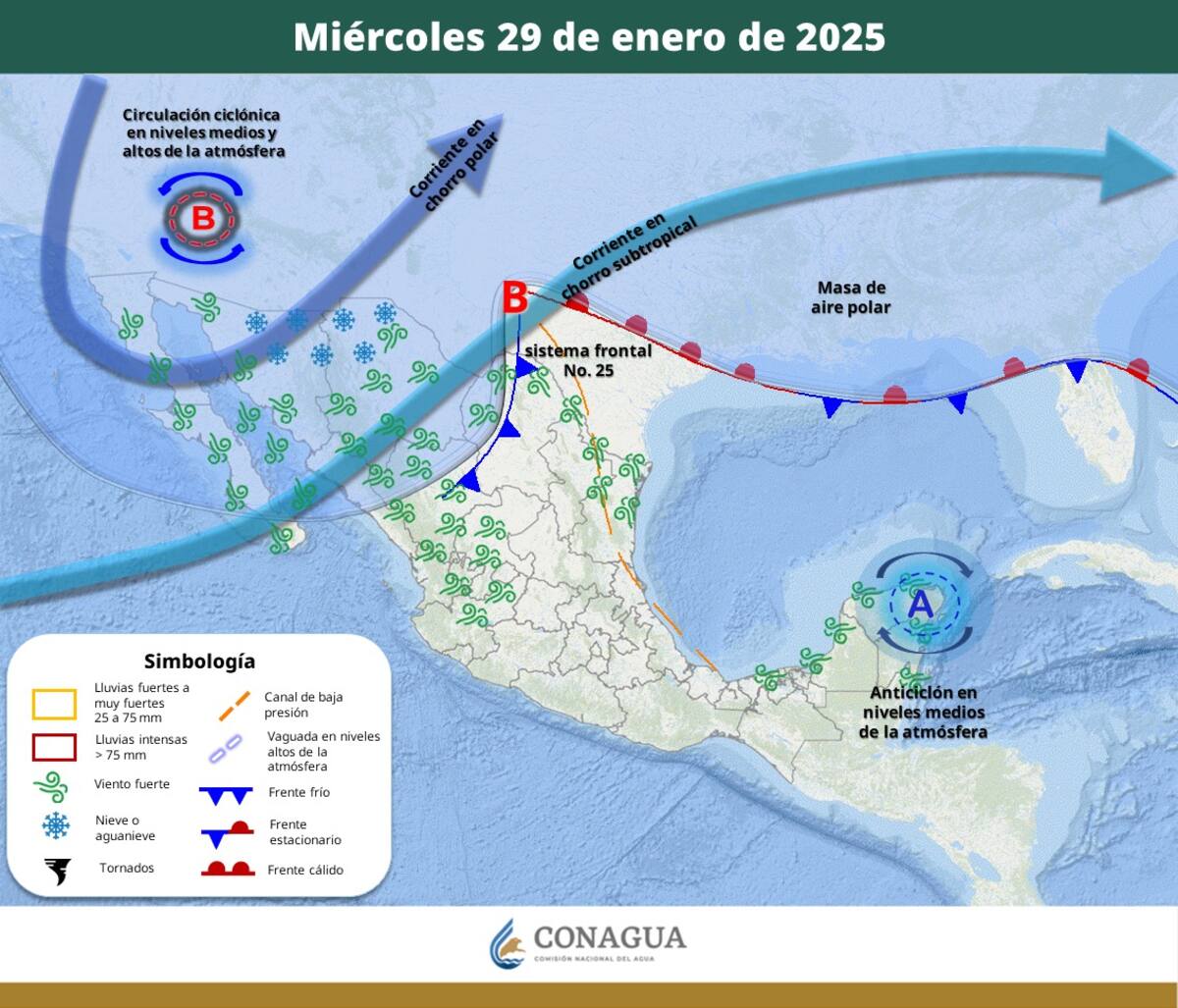 Se esperan temperaturas extremadamente bajas, posibles nevadas en las sierras de Baja California, Sonora, Chihuahua y Durango, así como lluvias e intervalos de chubascos en diversas regiones, incluyendo el sur y sureste del país. Además, habrá fuertes rachas de viento y heladas en las zonas montañosas, con temperaturas mínimas de hasta -15°C en algunas áreas. Las lluvias podrían traer consigo descargas eléctricas y caída de granizo.