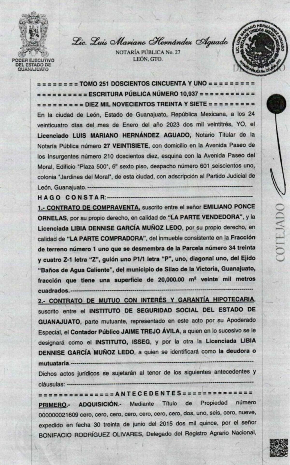 La compra-venta se realizó ante el notario Luis Mariano Hernández Aguado, notificando al comisariado del ejido, cumpliendo con el derecho de tanto previsto en la Ley Agraria. / Documentos revisados y compartidos por Mexicanos Contra la Corrupción