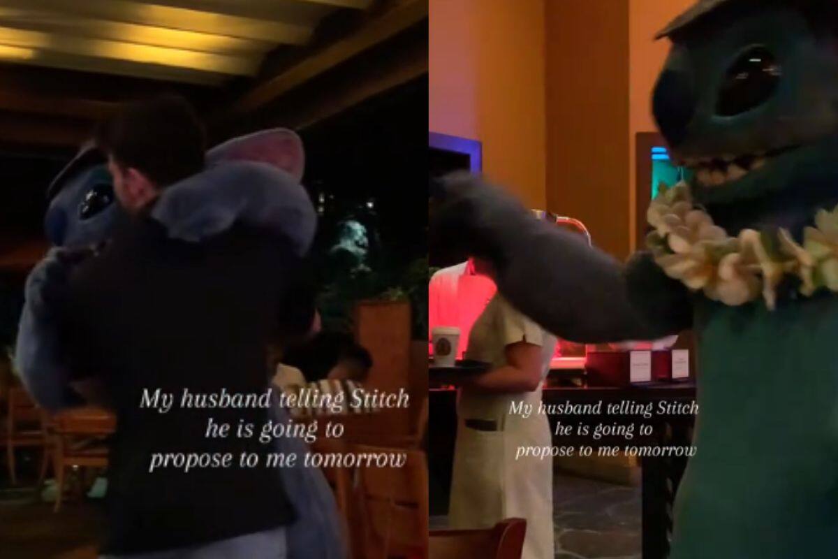 Le dice a una persona con traje de Stitch que le propondrá matrimonio a su novia