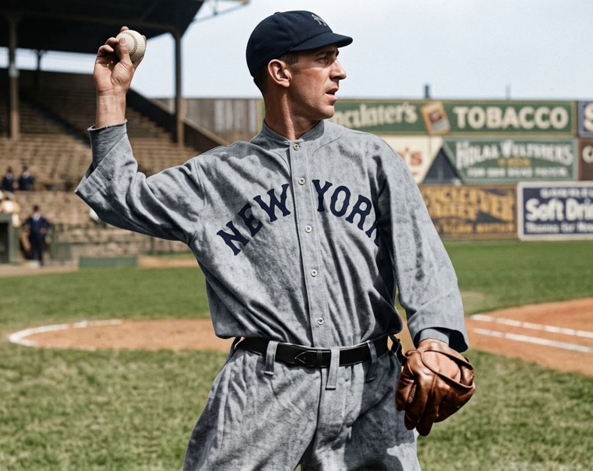 Unidorme de visitante de los Yankees de Nueva York en su primera temporada de MLB en 1913. (Foto: Mejorada con IA)