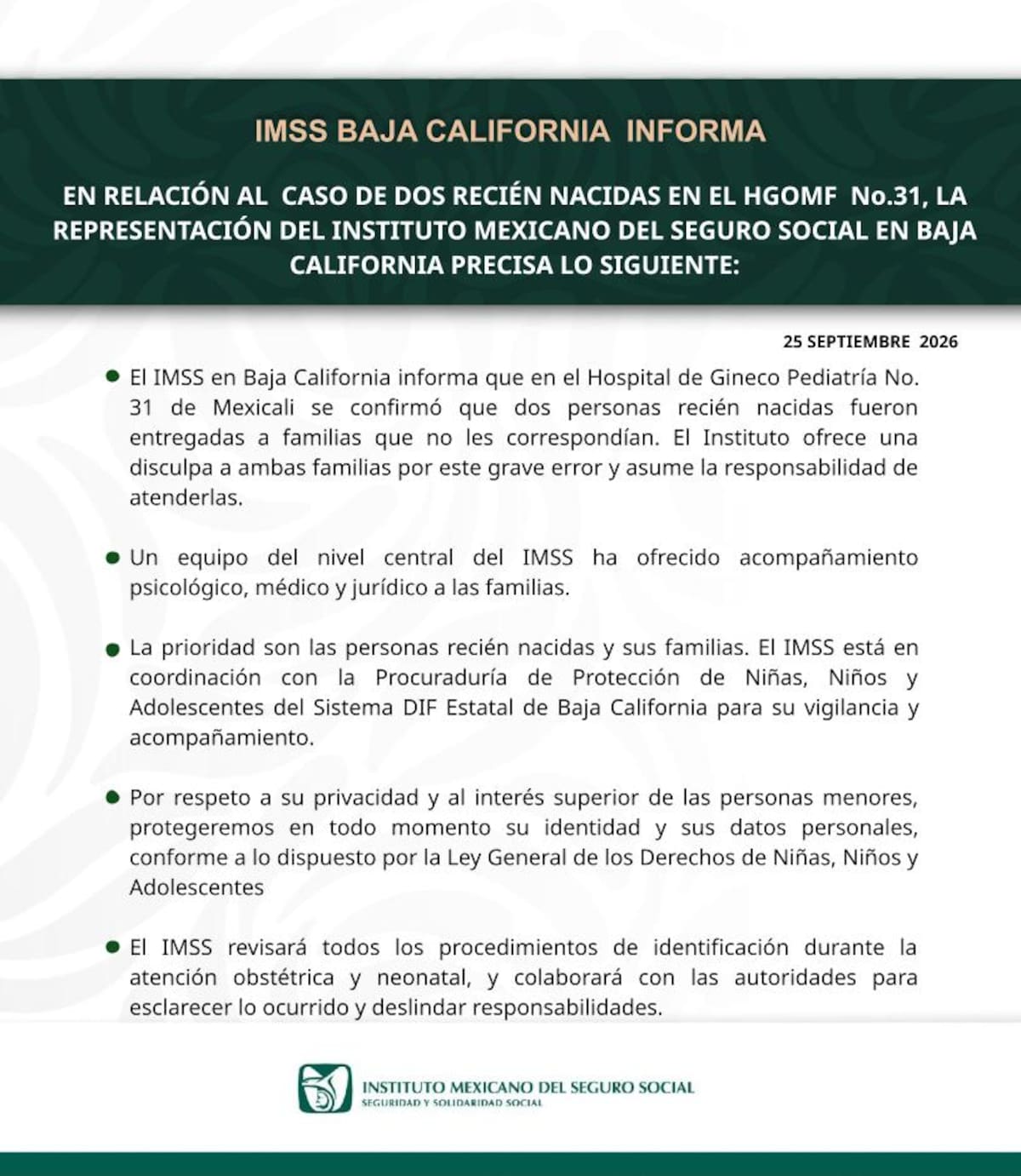 A través de un comunicado emitido este 25 de septiembre, el Instituto reconoció el error y ofreció una disculpa a ambas familias. Foto: Cortesía