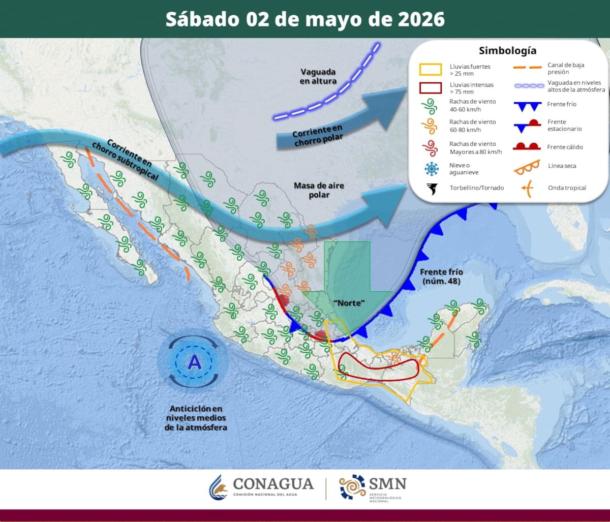 Pronóstico del clima para el sábado 2 de mayo del 2026. | Crédito: SMN