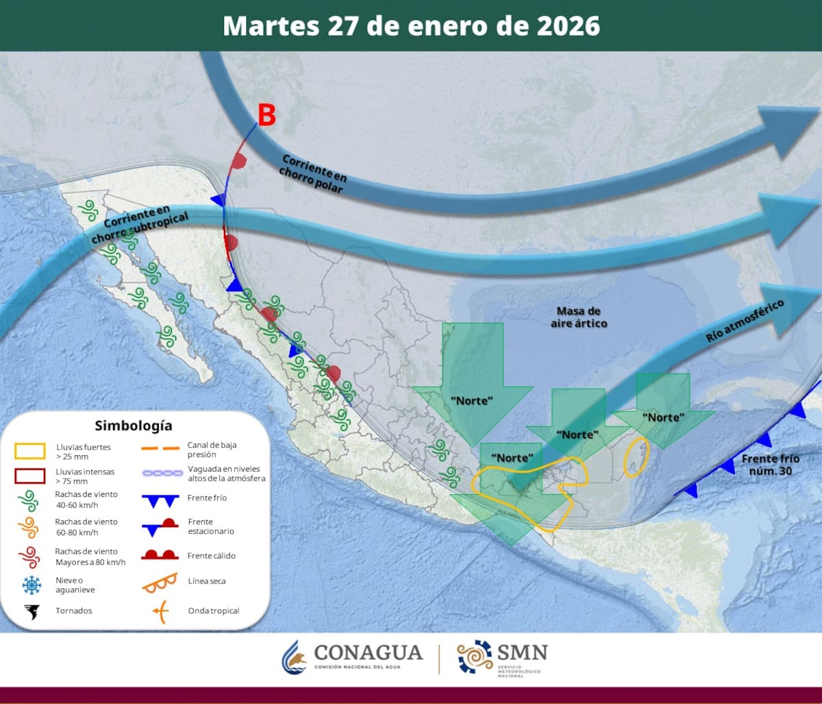 Pronóstico del clima para este martes 27 de enero del 2026. | Crédito: SMN