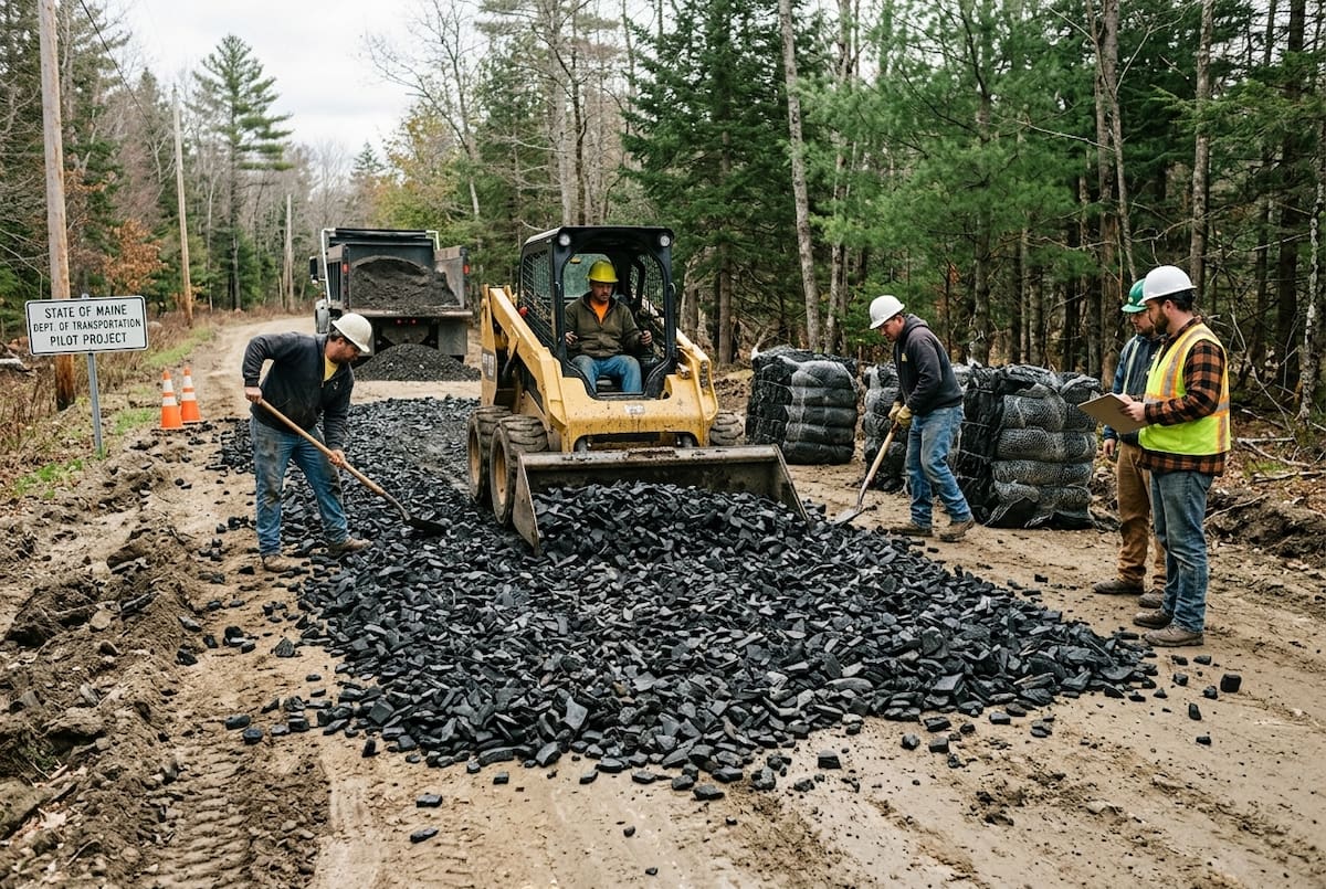 Los fragmentos de neumático forman una capa de 15 a 30 centímetros bajo la grava, donde el caucho ayuda a aislar el terreno y los espacios entre las piezas permiten que el agua drene. Foto: Gemini
