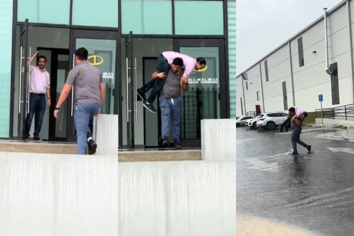 Este hombre rescata a su amigo: ¡lo lleva cargando para que no se le mojaran los zapatos!