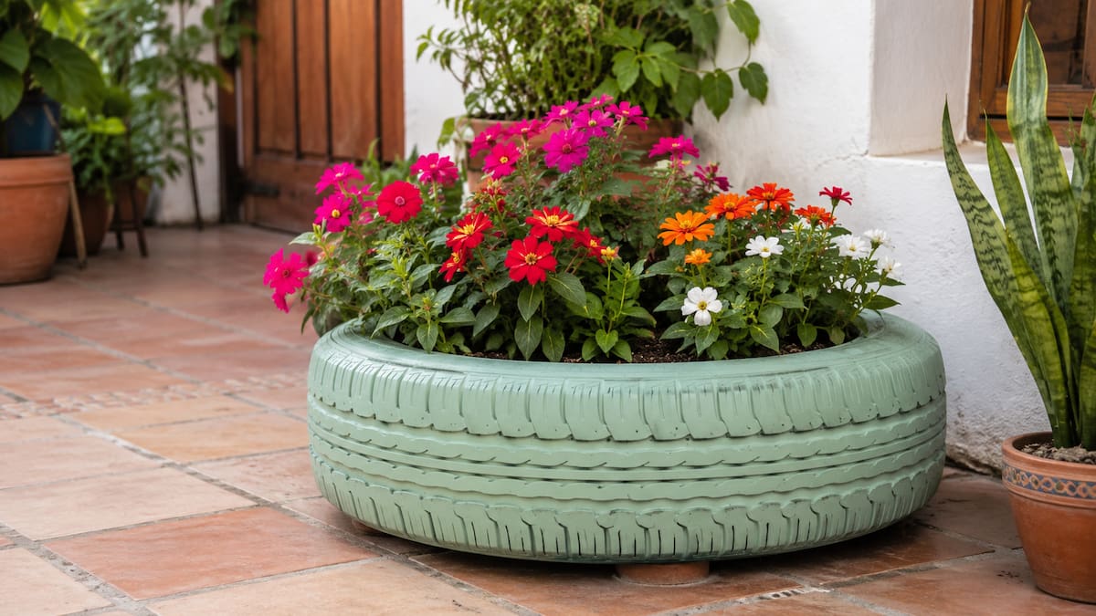 1. Maceta con llanta reutilizada
Una llanta vieja puede convertirse en jardinera para patios y espacios exteriores, siempre que esté limpia, seca y permita el drenaje del agua.