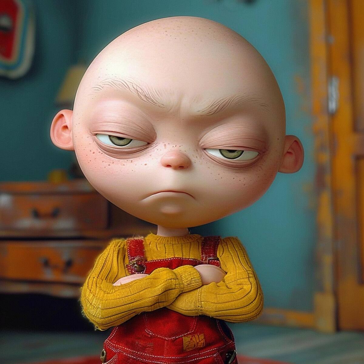 La peculiar cabeza de Stewie: Su rasgo más distintivo es su cabeza esférica, una marca registrada que lo hace inconfundible.