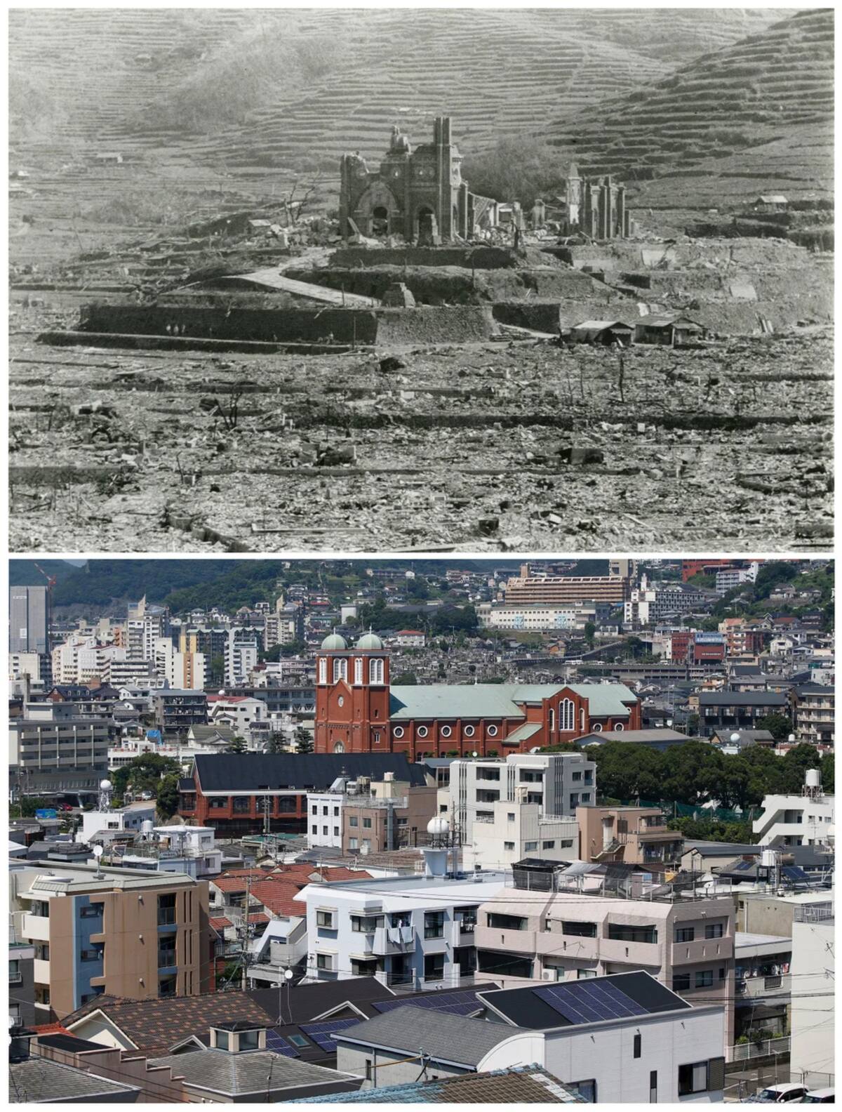 The Urakami Cathedral in Nagasaki, which was obliterated on 9 August. The replacement was built in 1959.
Photograph: Shigeo Hayashi/Nagasaki Atomic Bomb Museum/Reuters/Issei Kato