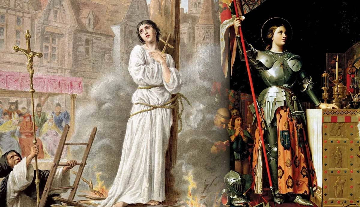 La composición de la imagen incluye a Juana de Arco en la coronación de Carlos VII en la catedral de Reims, de Jean-Auguste Dominique Ingres, 1854, a través de la Enciclopedia Británica.