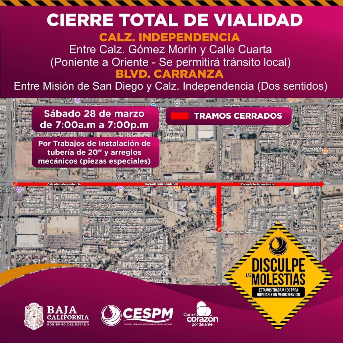 Las labores se realizarán en Calzada Independencia y bulevar Carranza para la instalación de tubería de gran diámetro. Foto: Cortesía